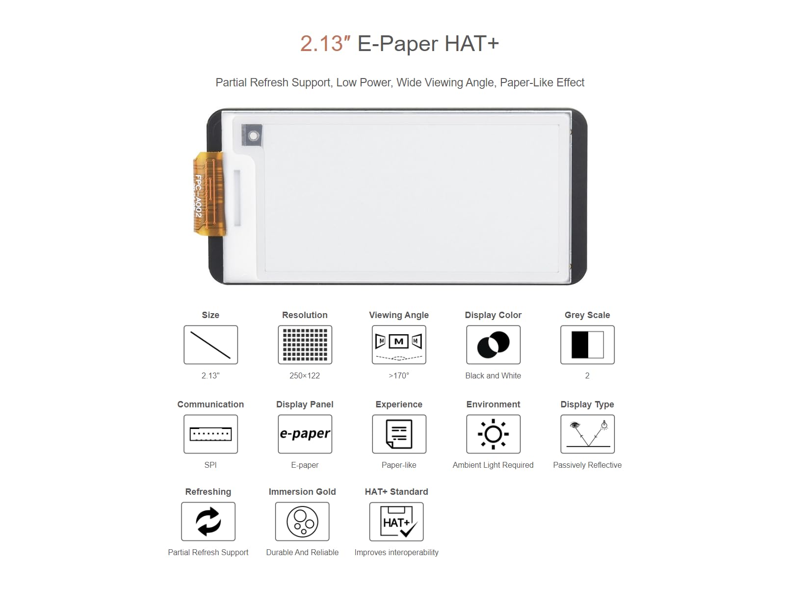 Waveshare 2.13inch E-Paper Hat+ For Raspberry Pi 5/4B/3B/Zero/Zero W/Jetson Nano,250x122 Pixels e-Ink Display Hat V4,Black and White epaper Screen,SPI Interface