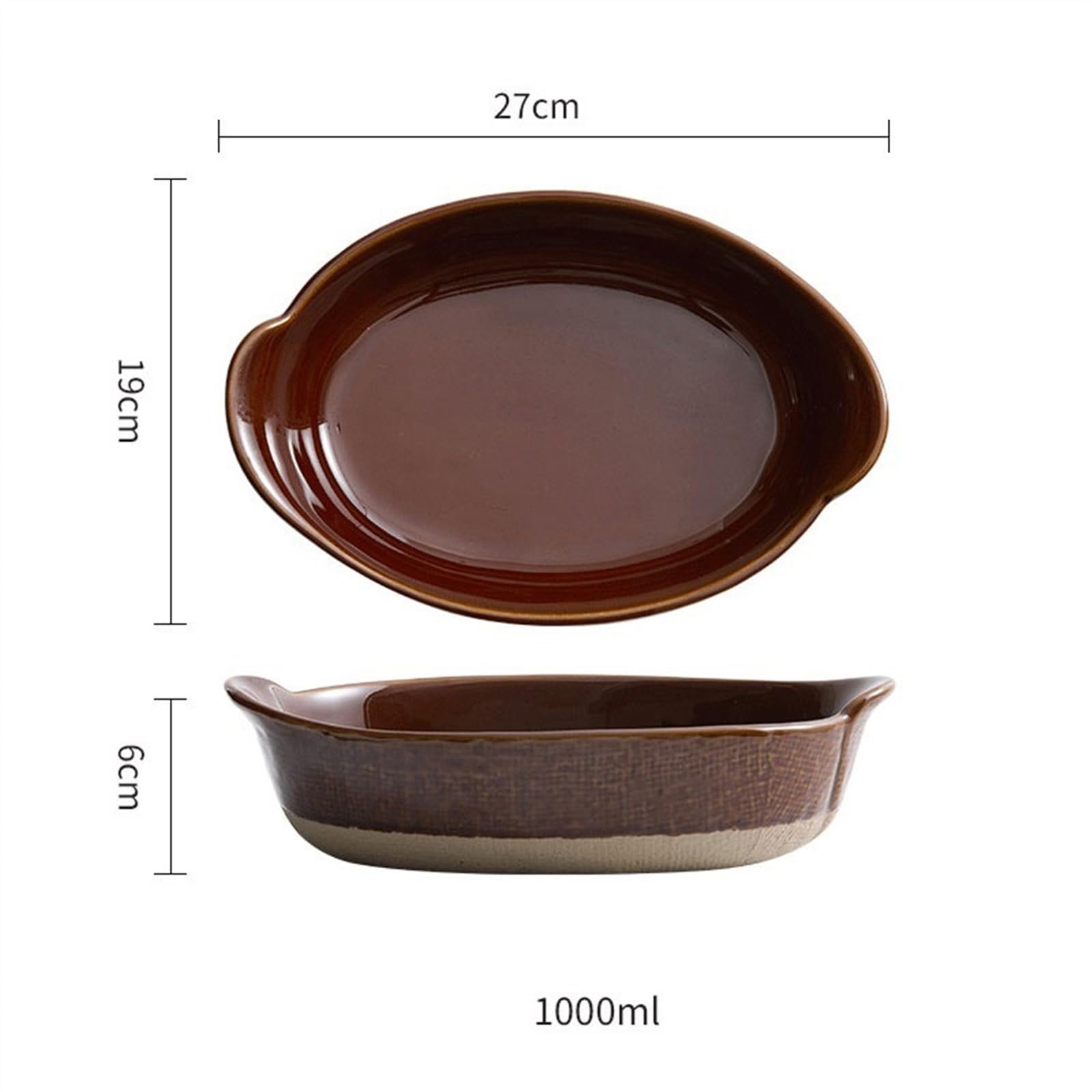 Formy do piekarników Ceramiczne podwójne ucho Retro Ser Pieczony Ryż Talerz Kreatywna miska do sałatek Domowa Pogłębienie Gruba Ceramiczna Porcelana Forma do pieczenia (Bruin, 10,5 cala)