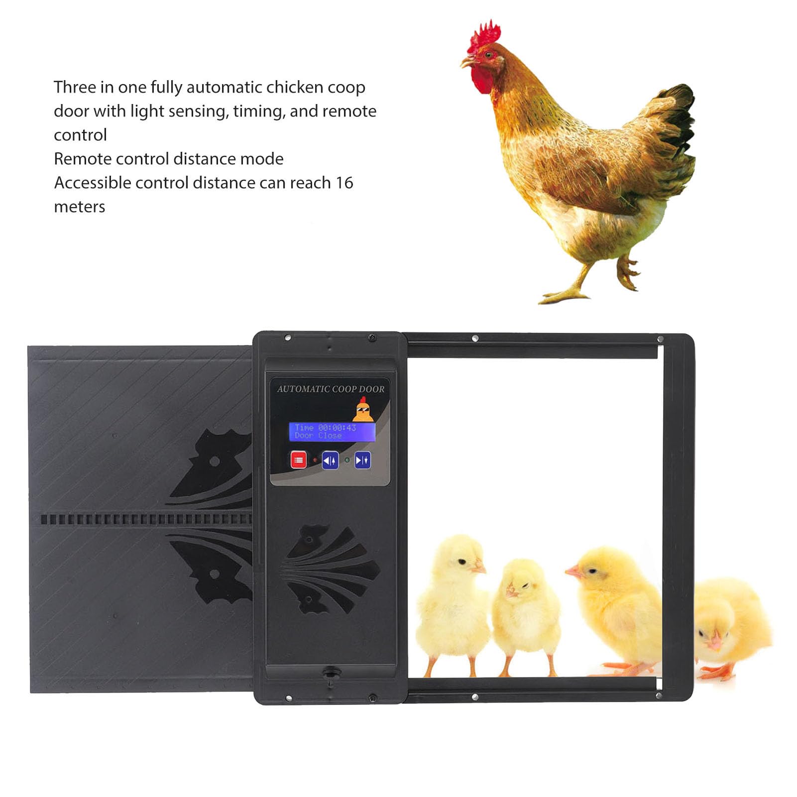 Porta automatica per pollaio USB con apertura orizzontale Apriporta automatica per pollaio Ampio schermo LCD programmabile con timer con avviso di batteria scarica (Black)