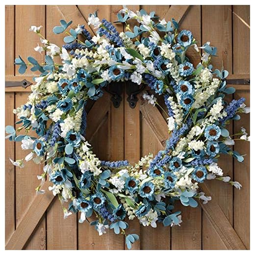 Bibelot 22 Inch Spring Wreath Blue with Green Leaves Wreath Blue Daisy Artificial Grains White Flower Wreath for Front Door Wreath,Farmhouse Decor Indoor&Outdoor Wedding Wall Home Decor