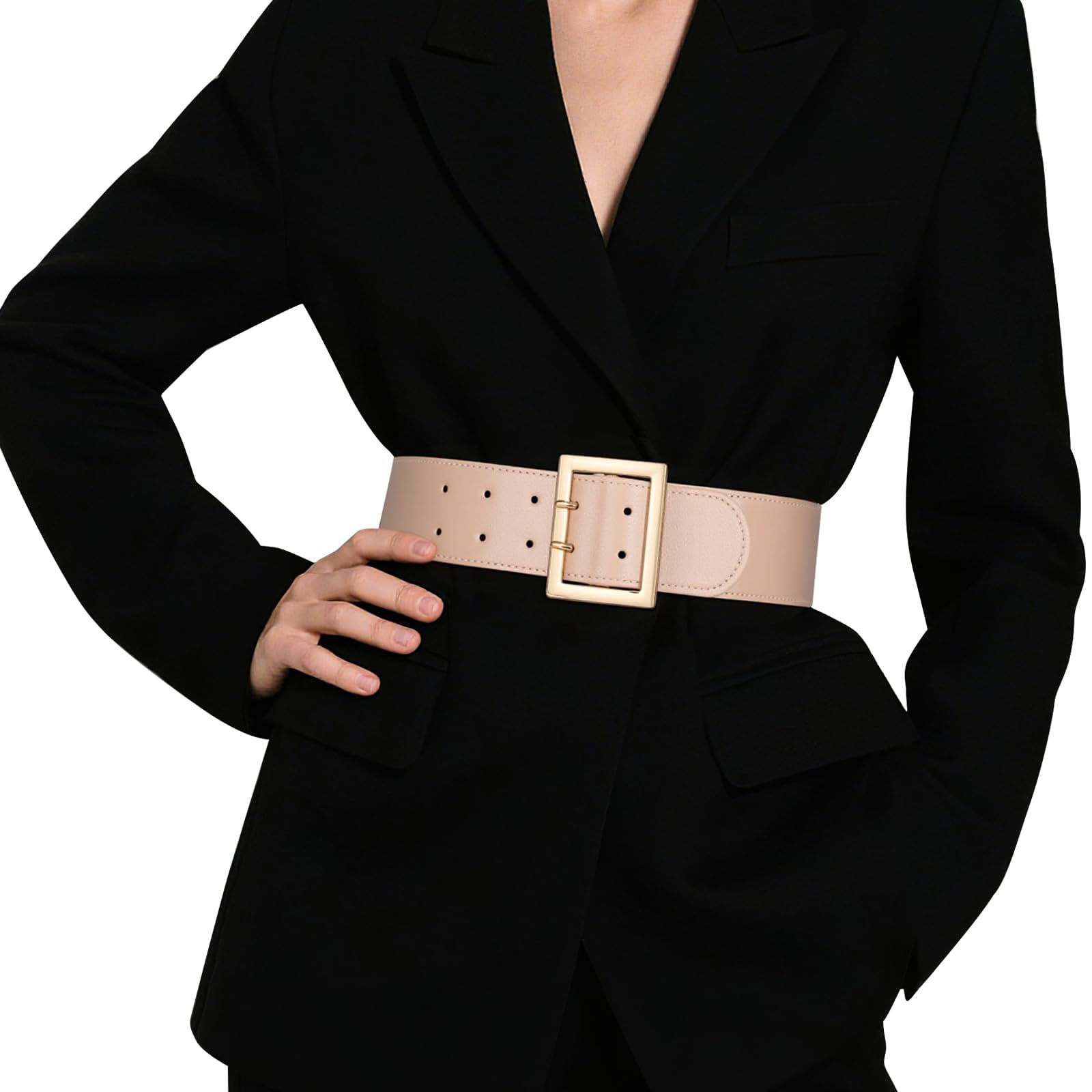 JASGOOD Women Wide Elastic Waist Belt for Dresses Fashion Gold Square Buckle Stretchy Leather Waistband for Ladies