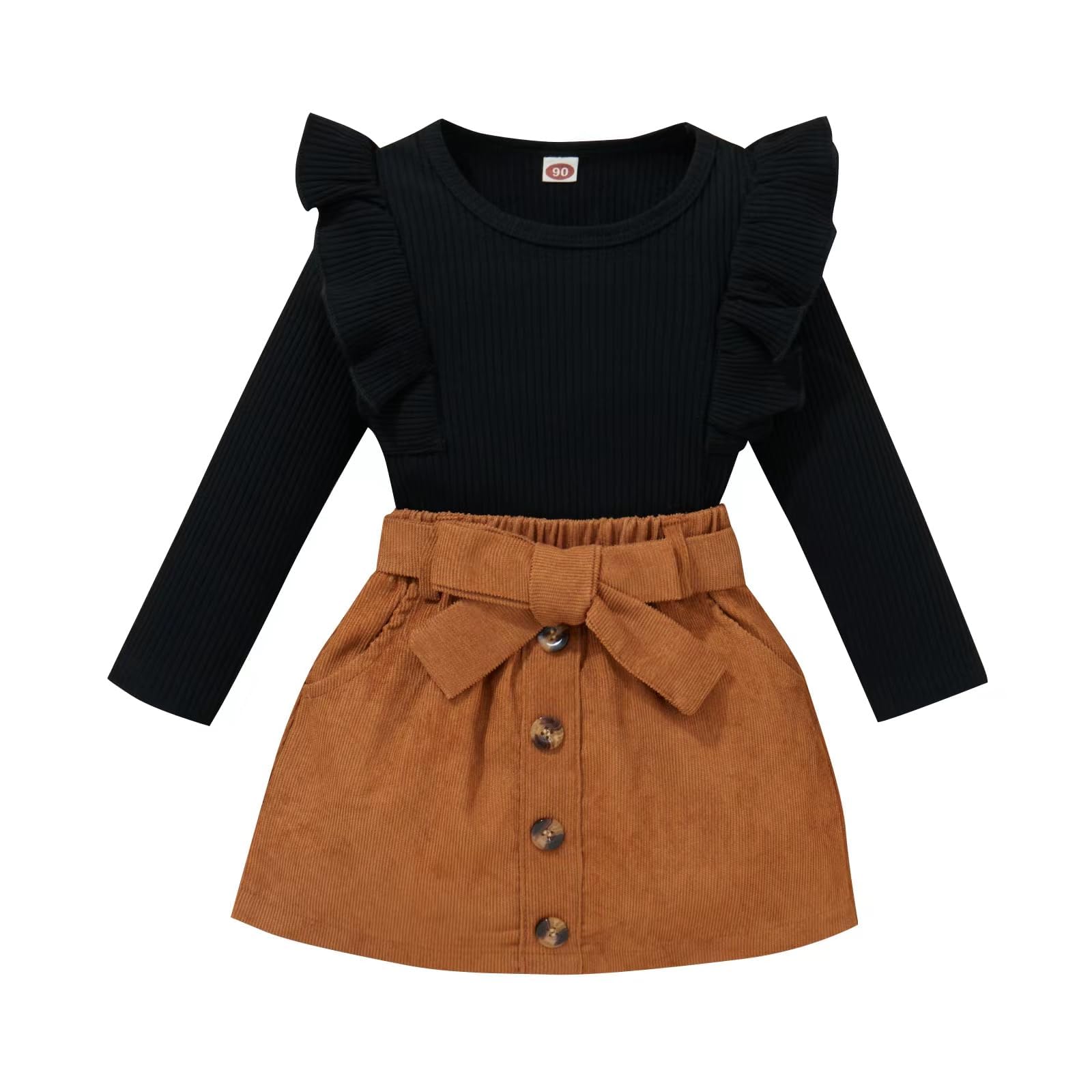 Toddler Girl Outfits Fall Winter Clothes Knitted Cotton Solid Color Ruffle Long Sleeves Tops+ Mini Skirts Set