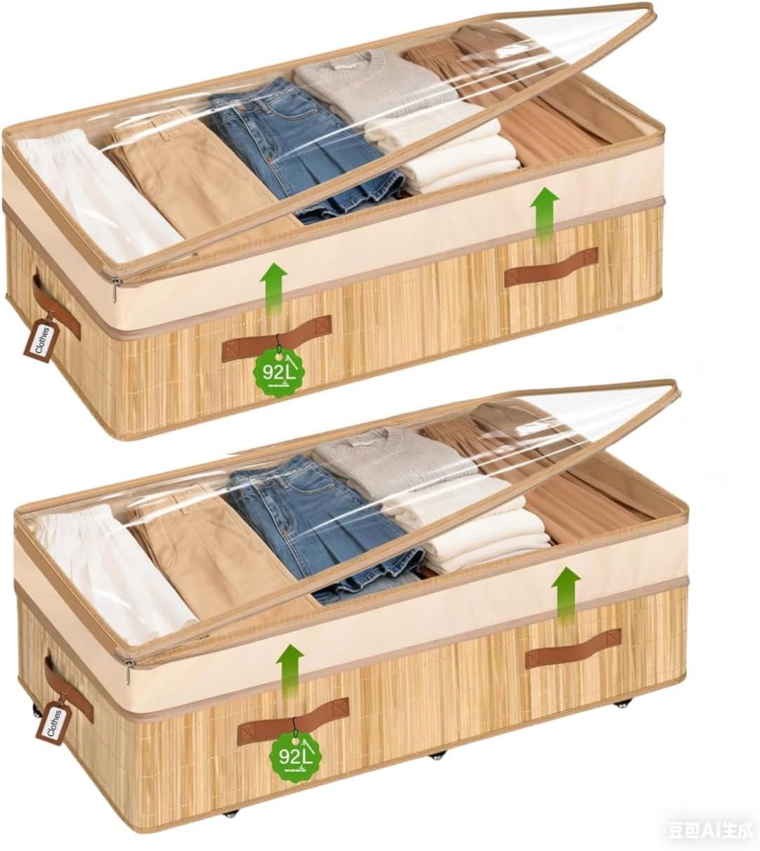 Livole 2 Packs Bamboo Under Bed Storage, 92L Underbed Storage Containers with Clear Lid & Label