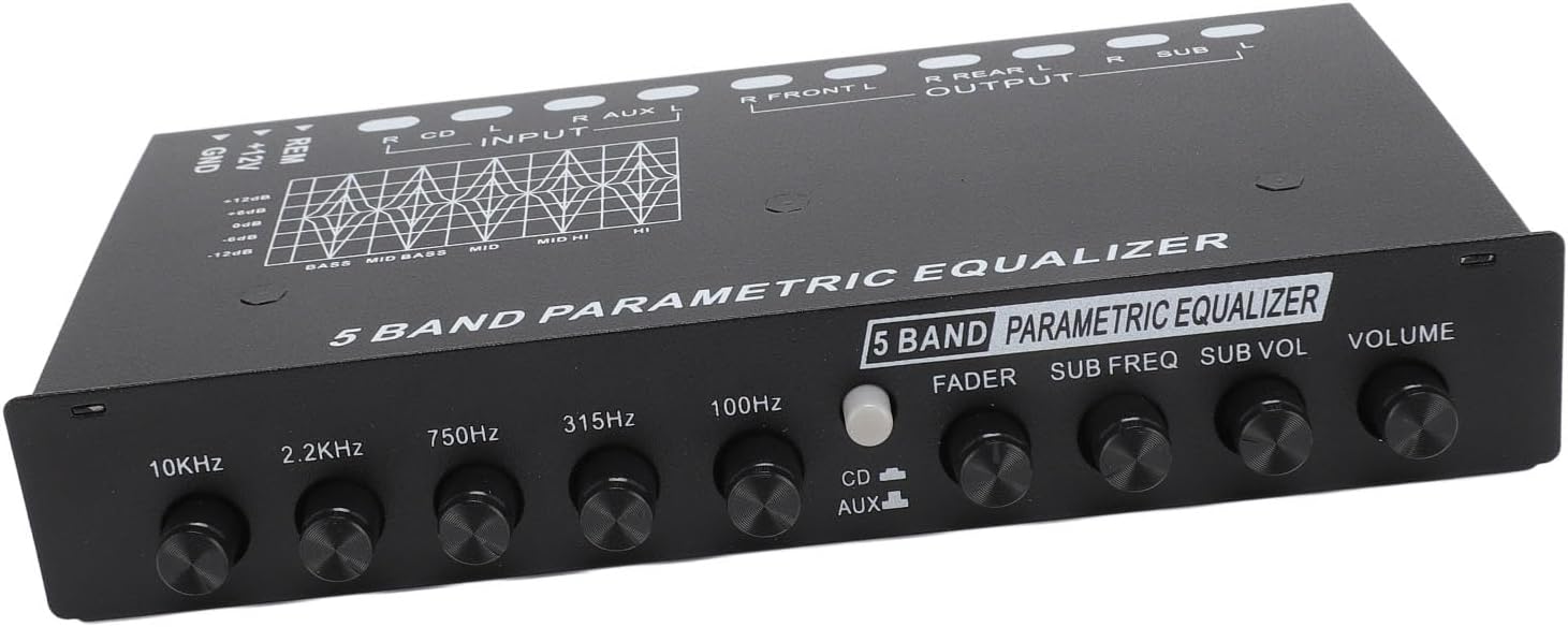 5 Band Car Audio Equalizer, Graphic Equalizer with CD AUX Input Select Switch Front Rear Sub Output for Boat RV Motorcycle Stereo Control
