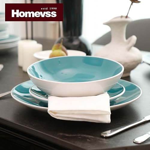 Miniatura 6 de Juego de vajilla de gres Coupe Shape de 12 piezas, exterior blanco + interior, azul Tiffany