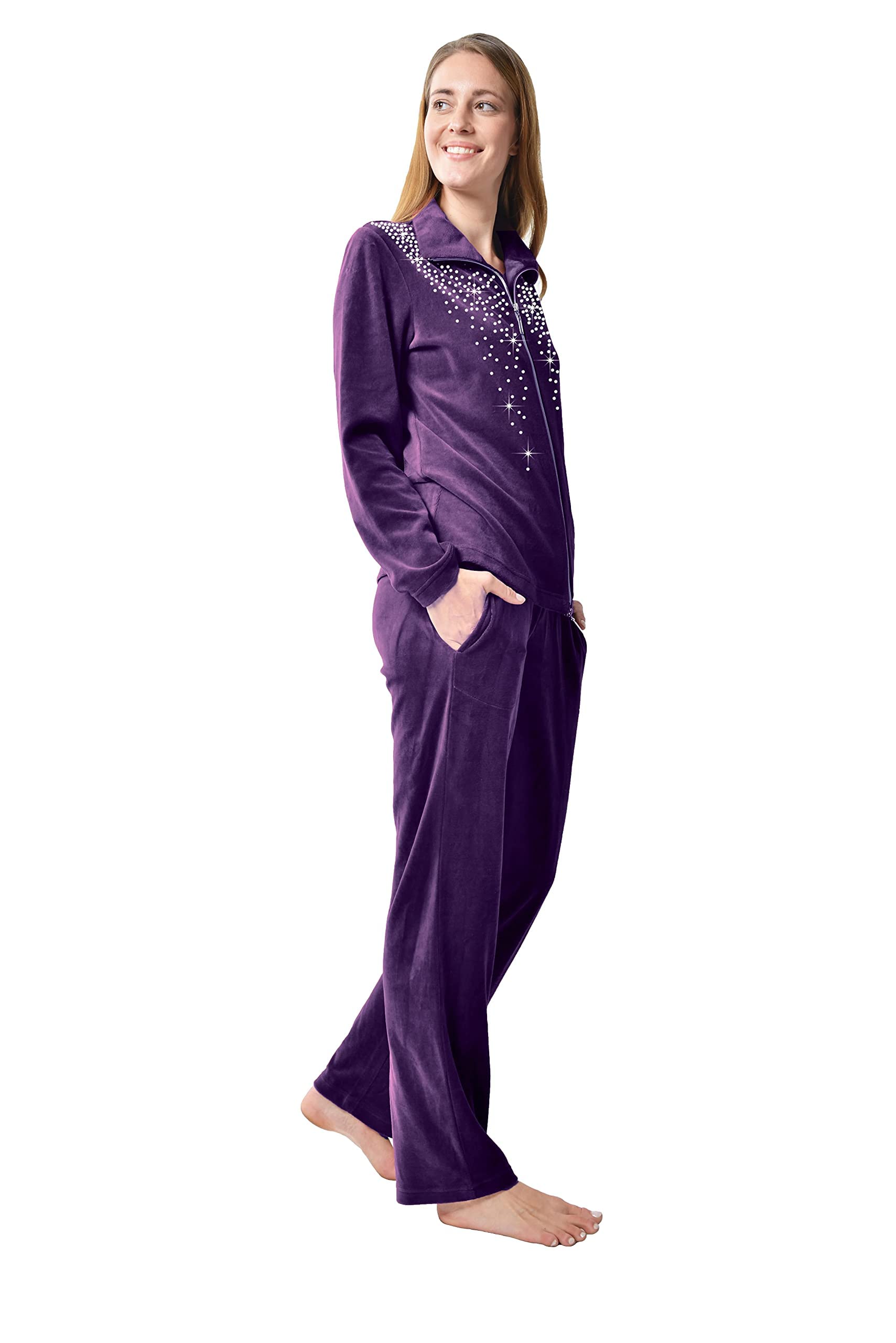 DeSen Damen Velours Nicki Freizeitanzug Fitnessanzug Hausanzug Jogginganzug Nicki-Anzug mit Reißverschluss und Glitzersteinen