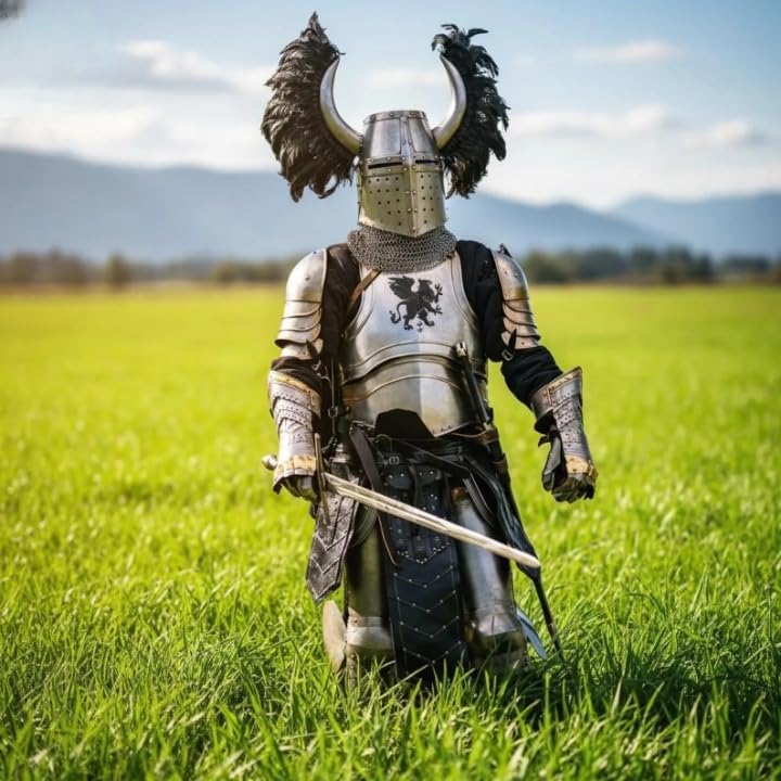 Elite Templar Griffin Knight Armor Suit | Crusader Full Body Armor with Horned Helmet | LARP, Cosplay, Display Silver