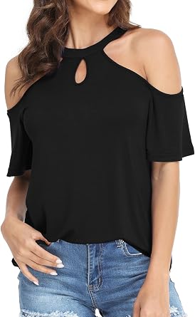 Womens Summer Halter Cold Shoulder Tops Sexy Casual Short Sleeve Keyhole T Shirts Blouse