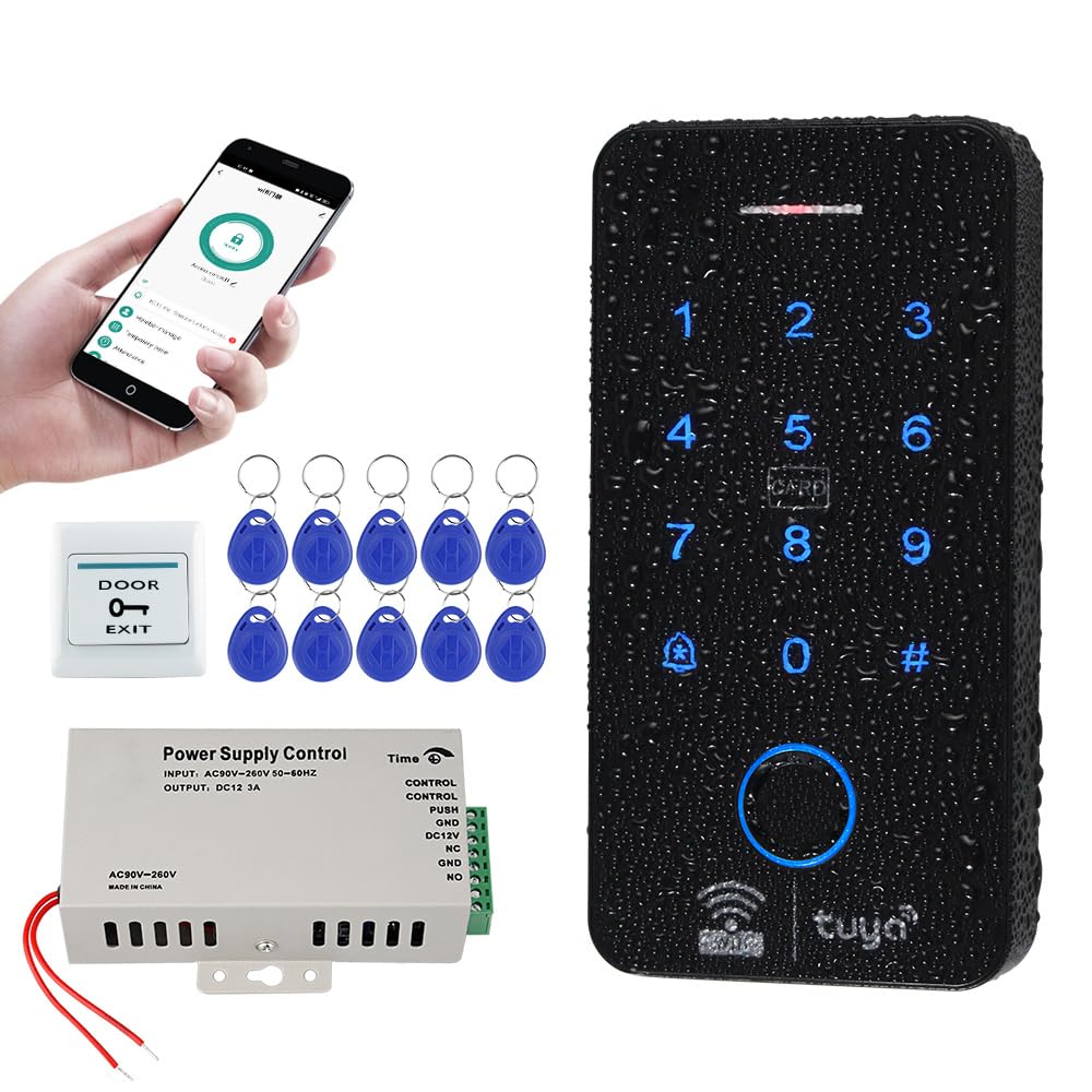WiFi Tuya Sistema de Control de Acceso de IP68 Biometría Teclado RFID Huellas Digitales 125KHz 13.56MHz + Fuente de Alimentación DC12V + 10 llaveros RFID, Sin Cerraduras Eléctricas