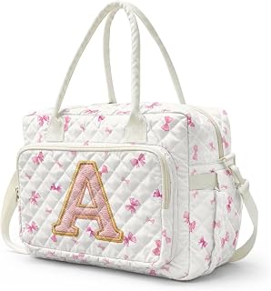Custom Quilted Lunch Bags for Women Pink Bow Personalized Lunch Box with Name Soft Washable Lunch Tote Bag with Crossbody Strap Insulated Cooler Bag Customized Gifts for Women