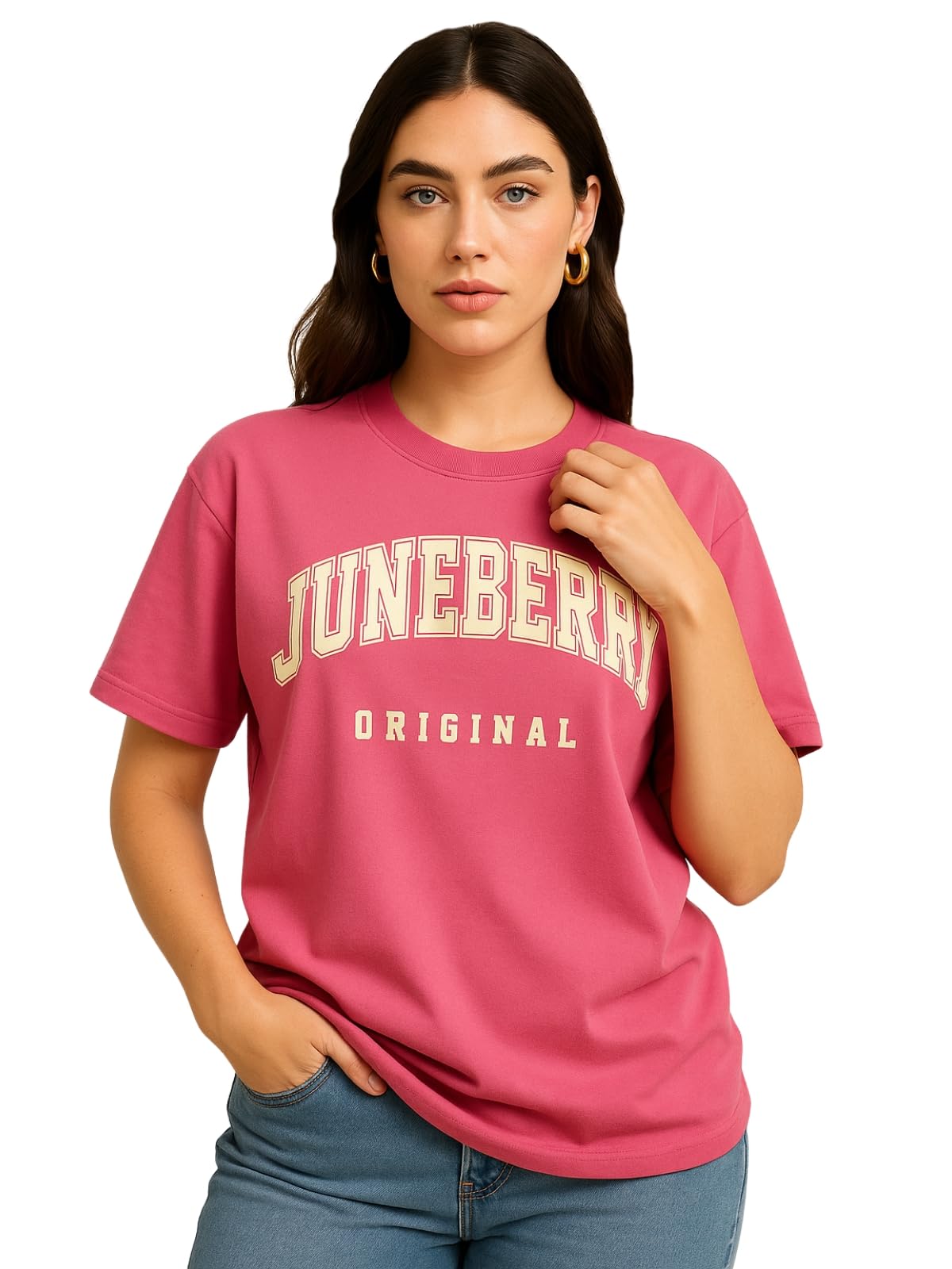juneberry Pure Cotton Oversized Drop Shoulder Brand Logo Typography Print Round-Neck Baggy Fit T-Shirt for Women (Available in Navy, Green & Pink Colors)-picture-56