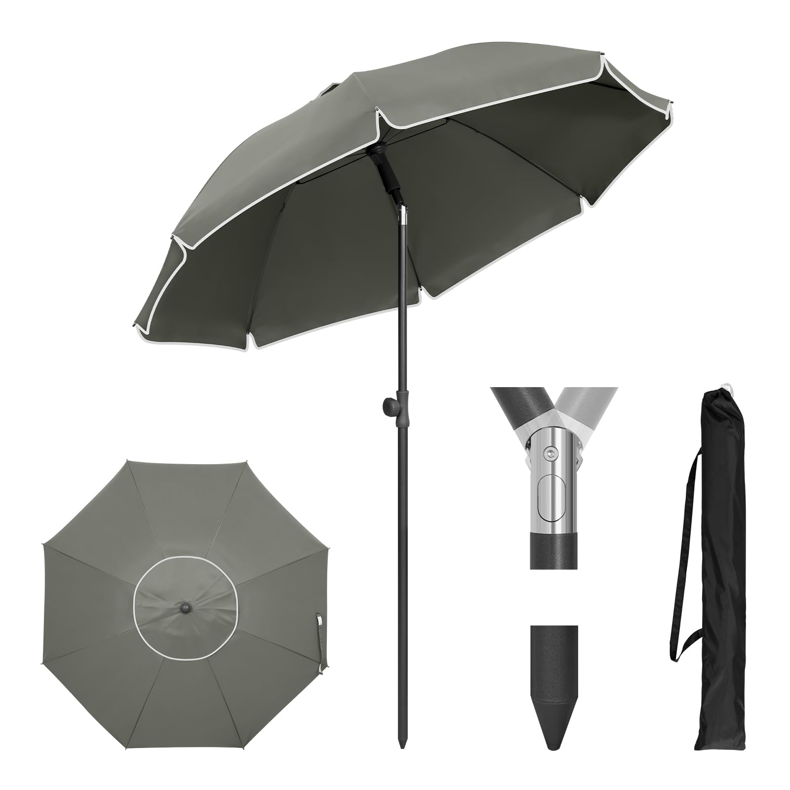 WOLTU Sonnenschirm Balkon φ155cm, UV-Schutz Strandschirm UPF 50+, Höhenverstellbar und Knickbar, Tragbar mit Tragetasche, Belüfteter Rundschirm für Balkon Garten Strand, Dunkelgrau