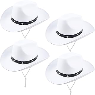 SGBETTER 4 Pack Cowboy Hat Felt White Studded Western Rodeo Texan Cowboy Cowgirl Hat for Adult Cowboy Theme Party Costume Accessory Cosplay Dress up