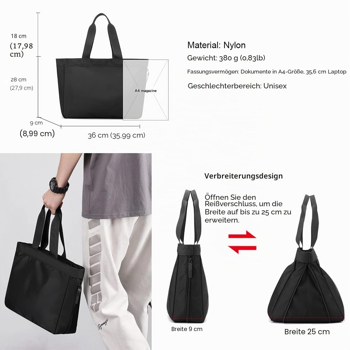 zhongningyifeng Tote Tasche für Männer 14-Zoll-Laptop Nylon Wasserdicht Leichtgewicht Business Casual Schwarz Handtasche für Arbeit Schule Reisen