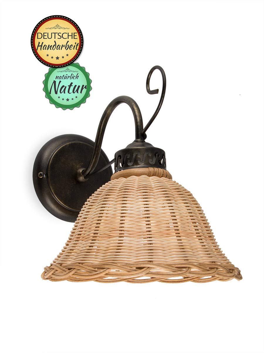 Helios Rattan Tischlampe – Antik-braun, Naturfarbener Korbschirm, Landhausstil, 1x E27