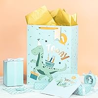 Vista 4 de WRAPAHOLIC Bolsa de regalo extra grande de 16.5 pulgadas con tarjeta y papel de seda, adorable diseño de dinosaurio para bebé, baby shower, fiesta