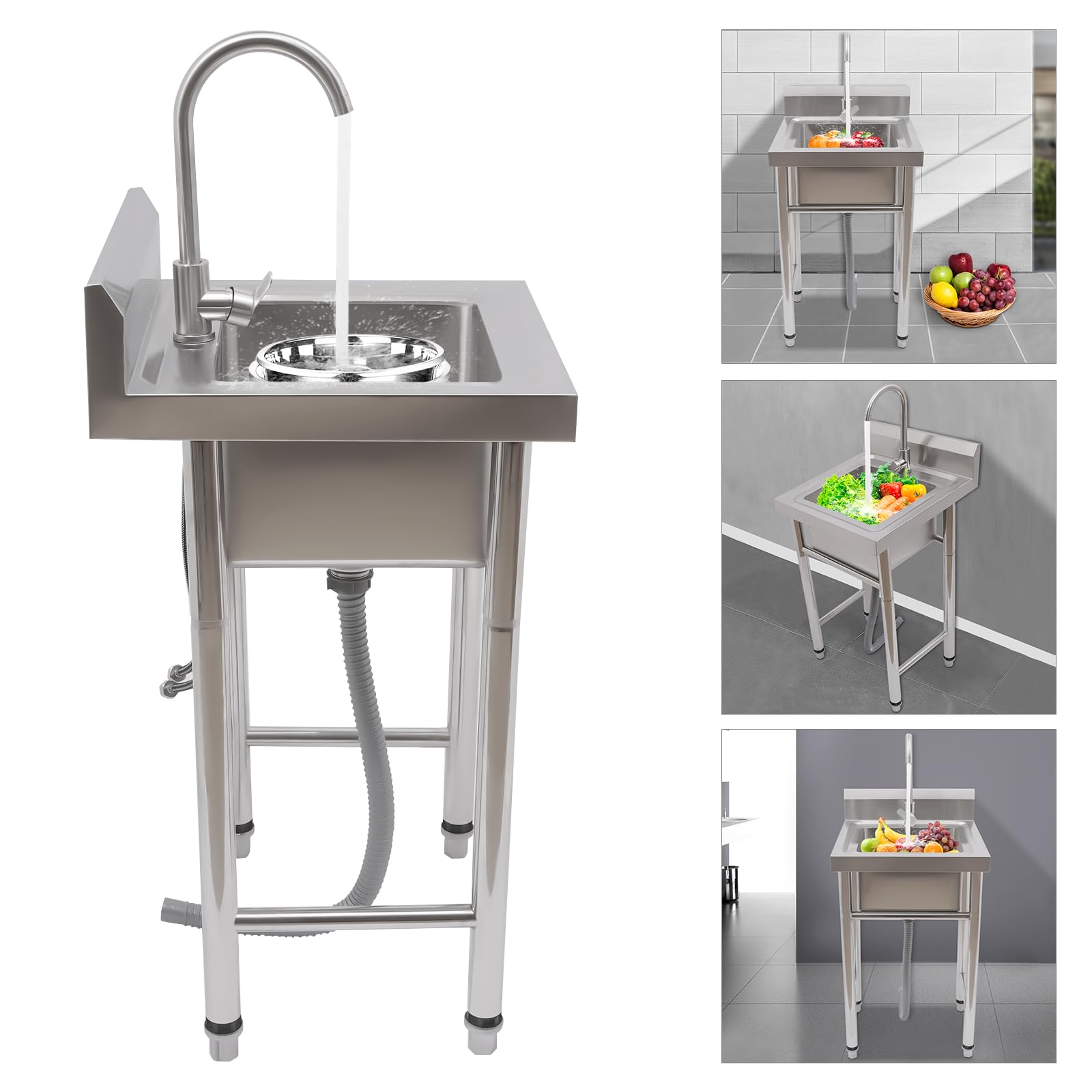 Spülbecken Edelstahl, Küche Spülbecken Organizer Edelstahl Arbeitstisch Küche mit Spüle und Armatur, Spülbecken Mobile für Außen Innen Garten Freistehend 90x50x50cm