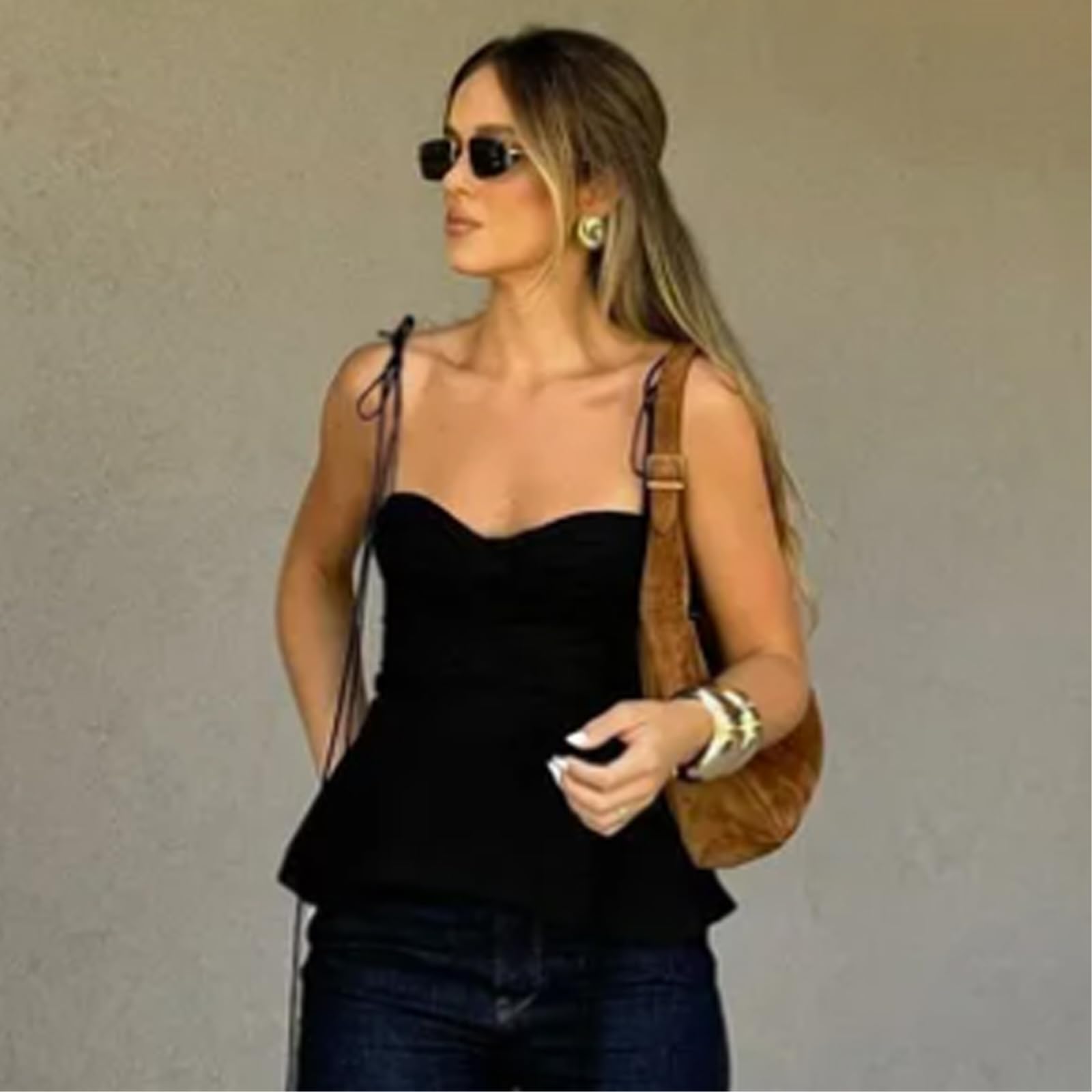Chaleco de Mujer Deslizamiento Corset Top Mujeres Verano Negro Capas Cultivo Camisola con Correas Bustier Ruffled Encaje-up Sin Mangas-Black-m