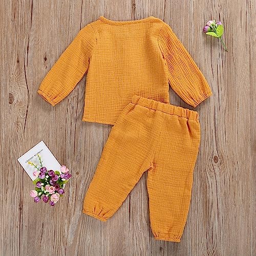 2Pcs Toddler Baby Boy Girl Clothes Cotton Linen Outfit Solid Color Long Sleeve T-Shirt Tops Elastic Waist Pants Set4