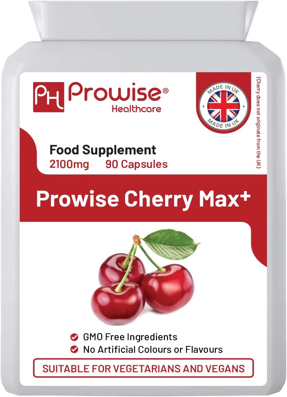 Cherry Max+ 2100mg Montmorency Cherry Added with Black Cherry I 90 Vegan Capsules High Strength I Made in The UK by Prowise Healthcare