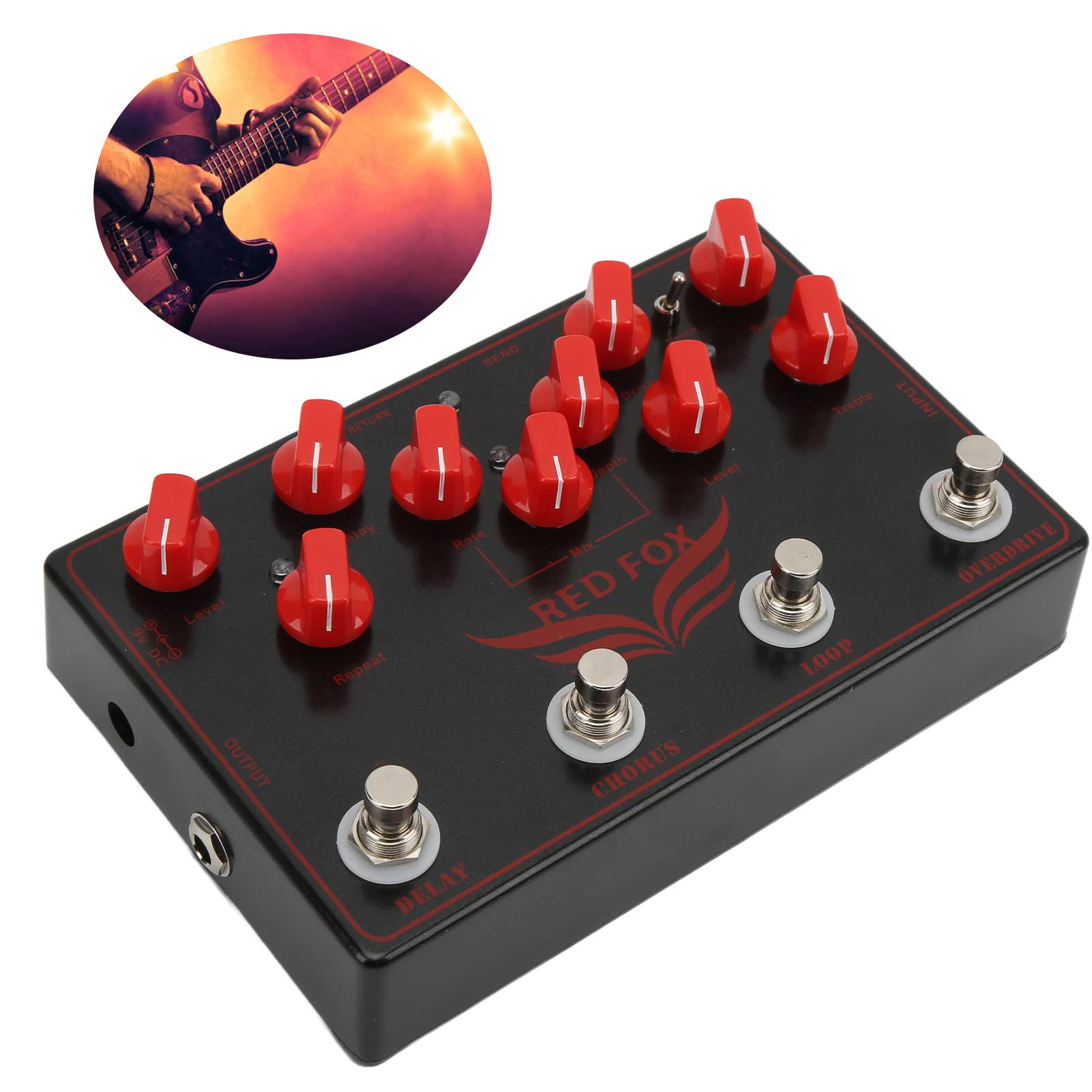 Pedale Multieffetto per Chitarra, Delay Chorus Loop Overdrive 4 in 1, Processore Effetti Compact per Chitarra Elettrica