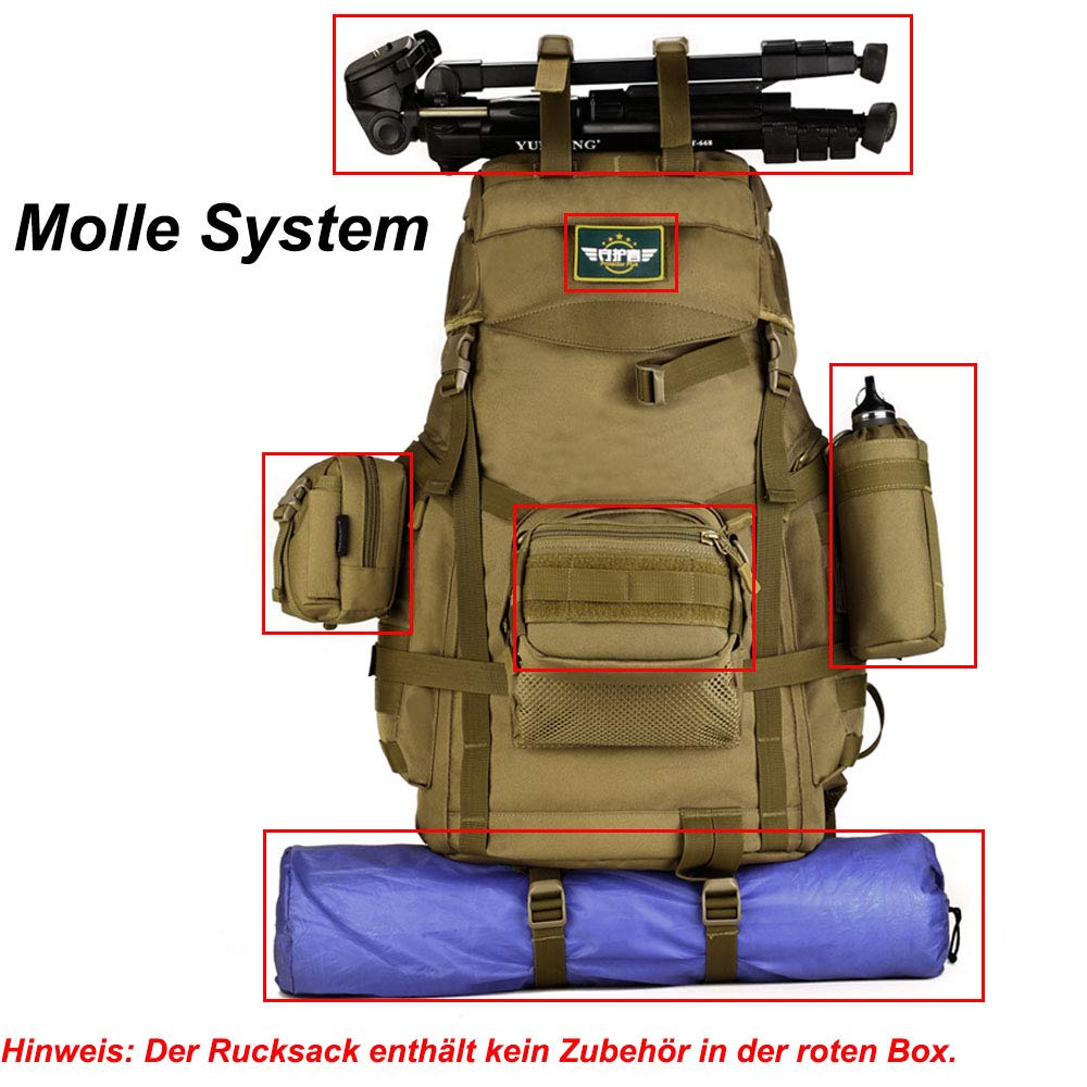 Plecak trekkingowy, plecak taktyczny, 55 l, wodoodporny, z systemem Molle, stelażem wewnętrznym, dla kobiet i mężczyzn, na wędrówki, trekking, podróż, do aktywności na świeżym powietrzu