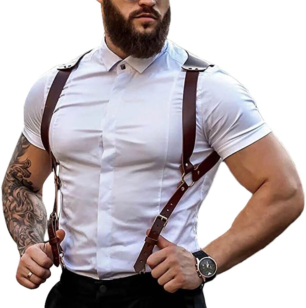 FTmgg@qq Men's Leather Body Chest Harness Suspenders Adjustable Buckle Shoulder Armors Straps Punk Black Belt Club Party Rave Costumes