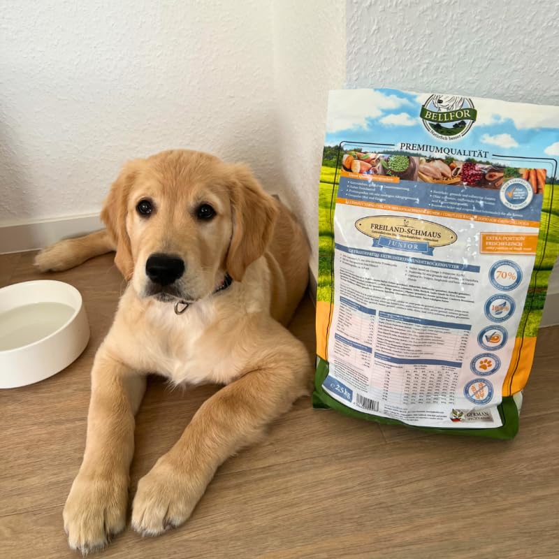Bellfor Freiland-Schmaus Junior Trockenfutter mit Huhn für Welpen und Junge Hunde Getreidefrei Optimal für ernährungssensible Hunde Hoher Anteil an Omega-3-Fettsäuren 7,5 kg