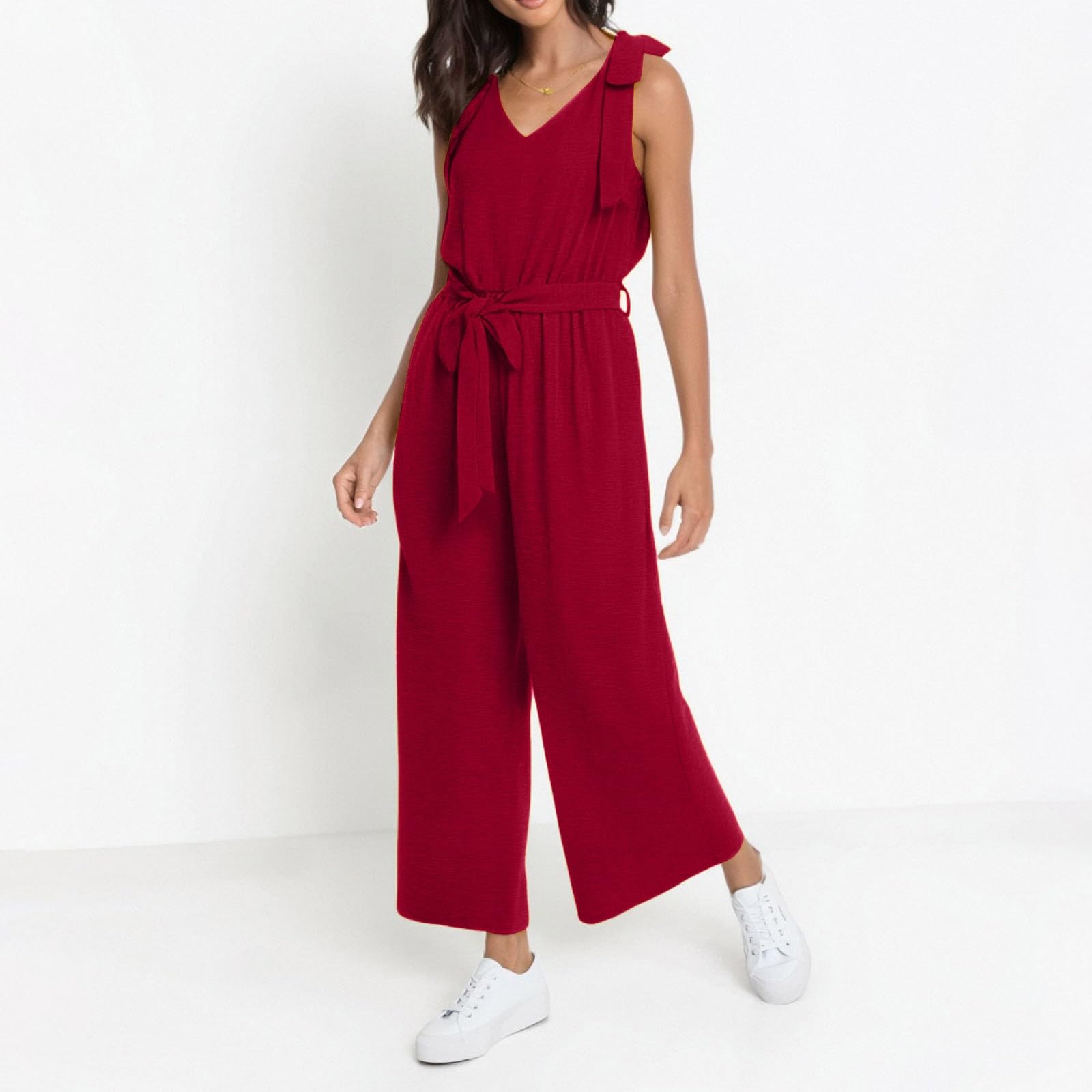 Jumpsuit Damen Sommer Lang Weites Bein Overall Damen Elegant Ärmellos Rückenfrei Jumpsuits V Ausschnitt Overalls Träger Schnürung Playsuit Frauen Mit Gürtel Romper Mit Taschen Onesie Freizeit