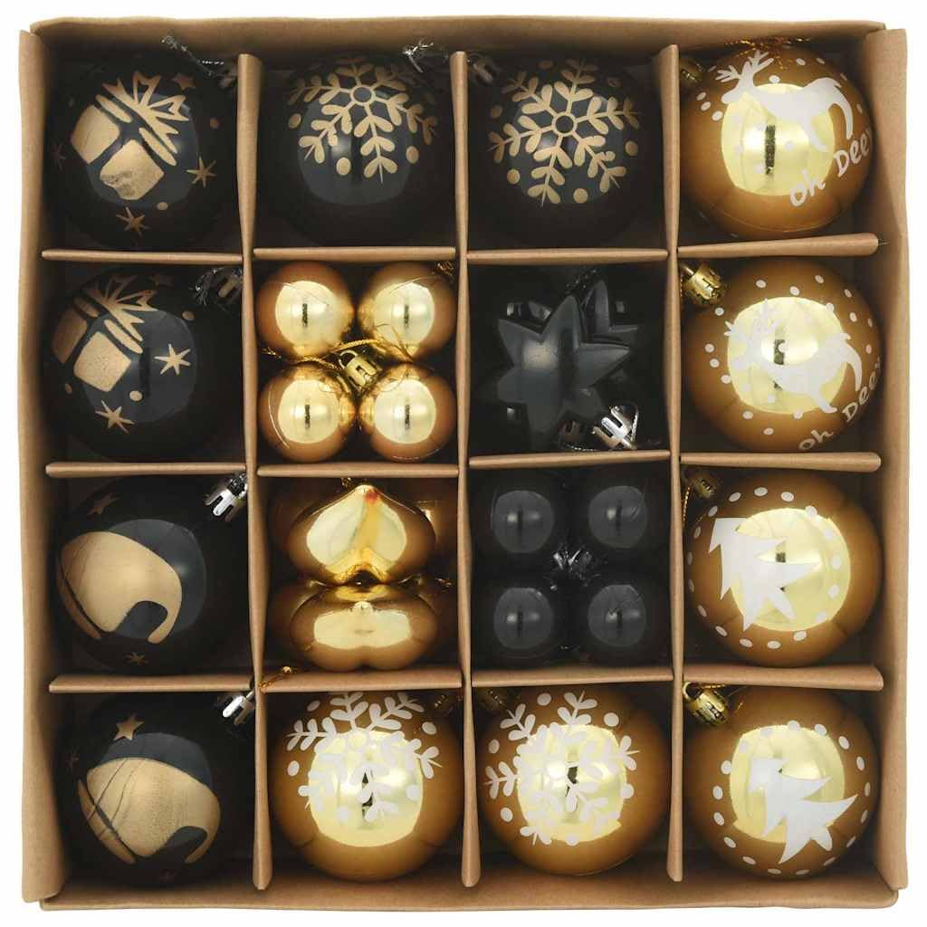 Weihnachtskugel-Set 40 pcs Schwarz und Gold aus Kunststoff, 6 cm glänzend, Christbaumschmuck für Tannenbaum, Wohnzimmer, Advent, Festtag und Winterdekoration, leicht und bruchsicher