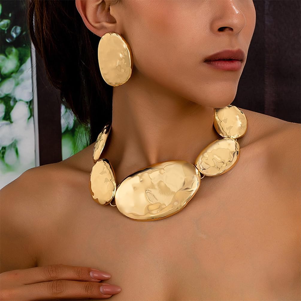 Large Chunky Gold Oval Irregular Choker Necklace for Women Bold Statement Big Collar Chain Necklaces Unique Women's Fashion Party Jewelry Accessories