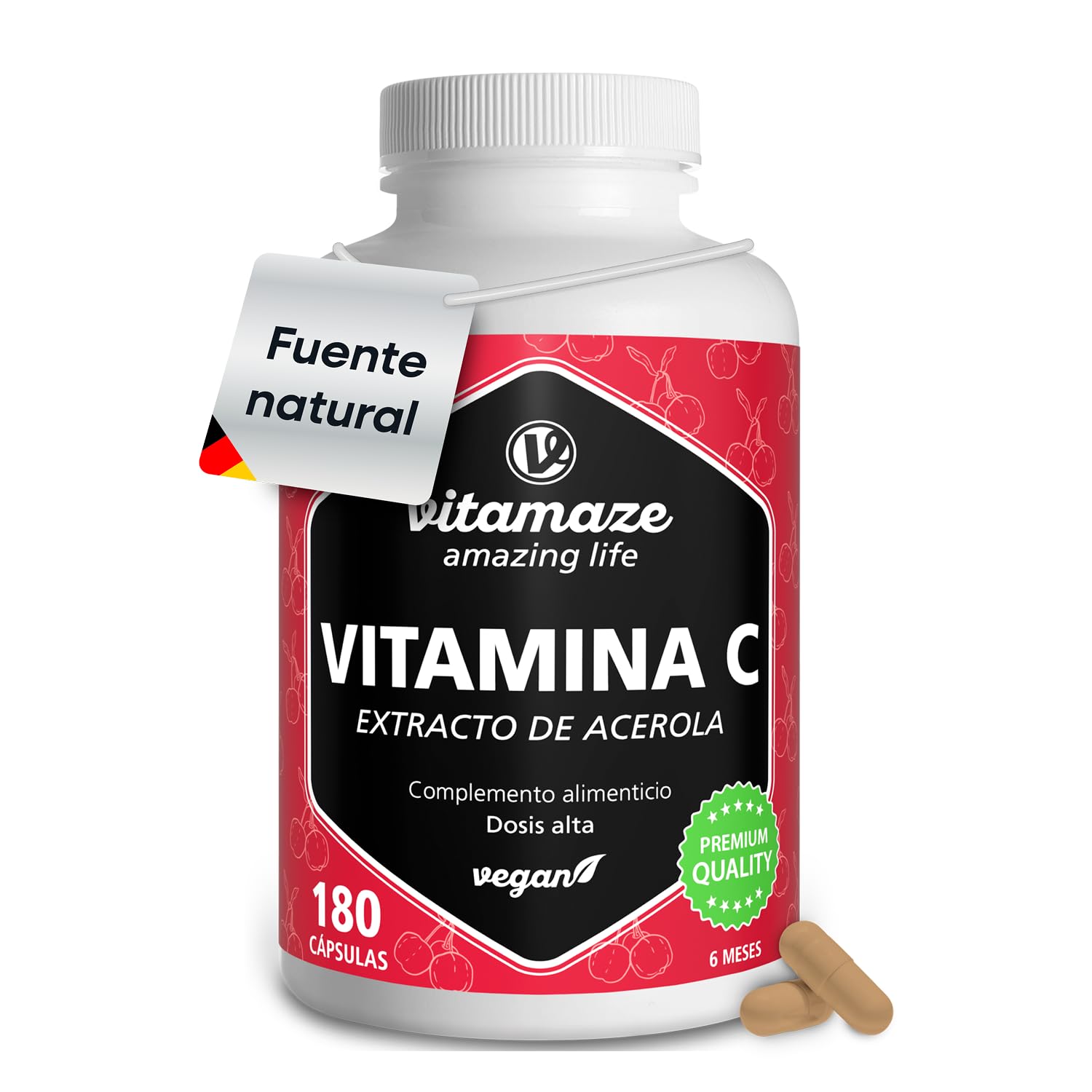 Vitamina C Acerola de Dosis Alta, 160 mg Vitamina C Natural, 660 mg de Extracto de Acerola, Vegano y Óptimamente Biodisponible, 180 Cápsulas para 6 Meses, Suplemento sin Aditivos Innecesarios…