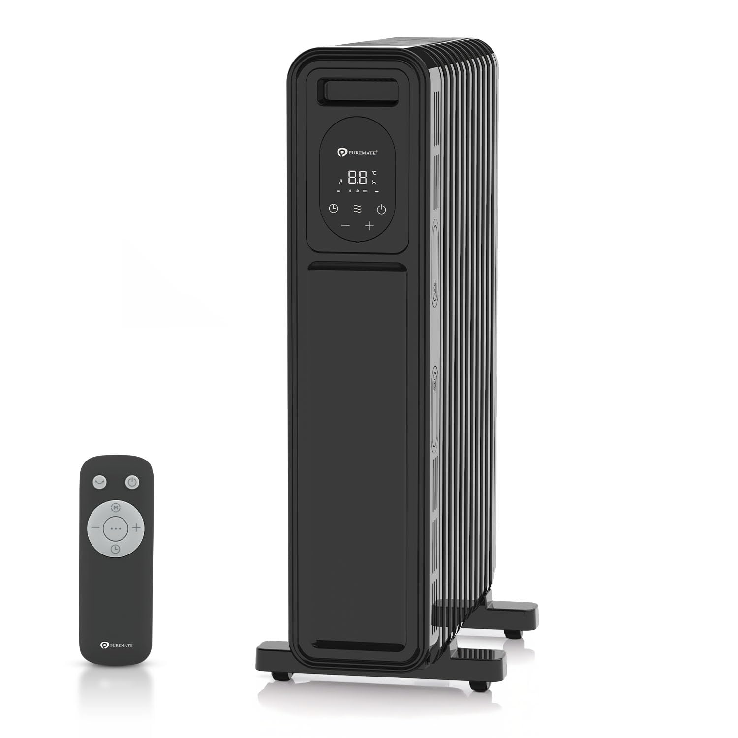 PureMate 2300W Oil Filled Radiator with Remote Control, 11 Fins, Digital Thermostat, Adjustable Heat Settings, Energy Efficient Electric Heater, 24H Timer, Overheat & Tip-Over Safety and Castor Wheels