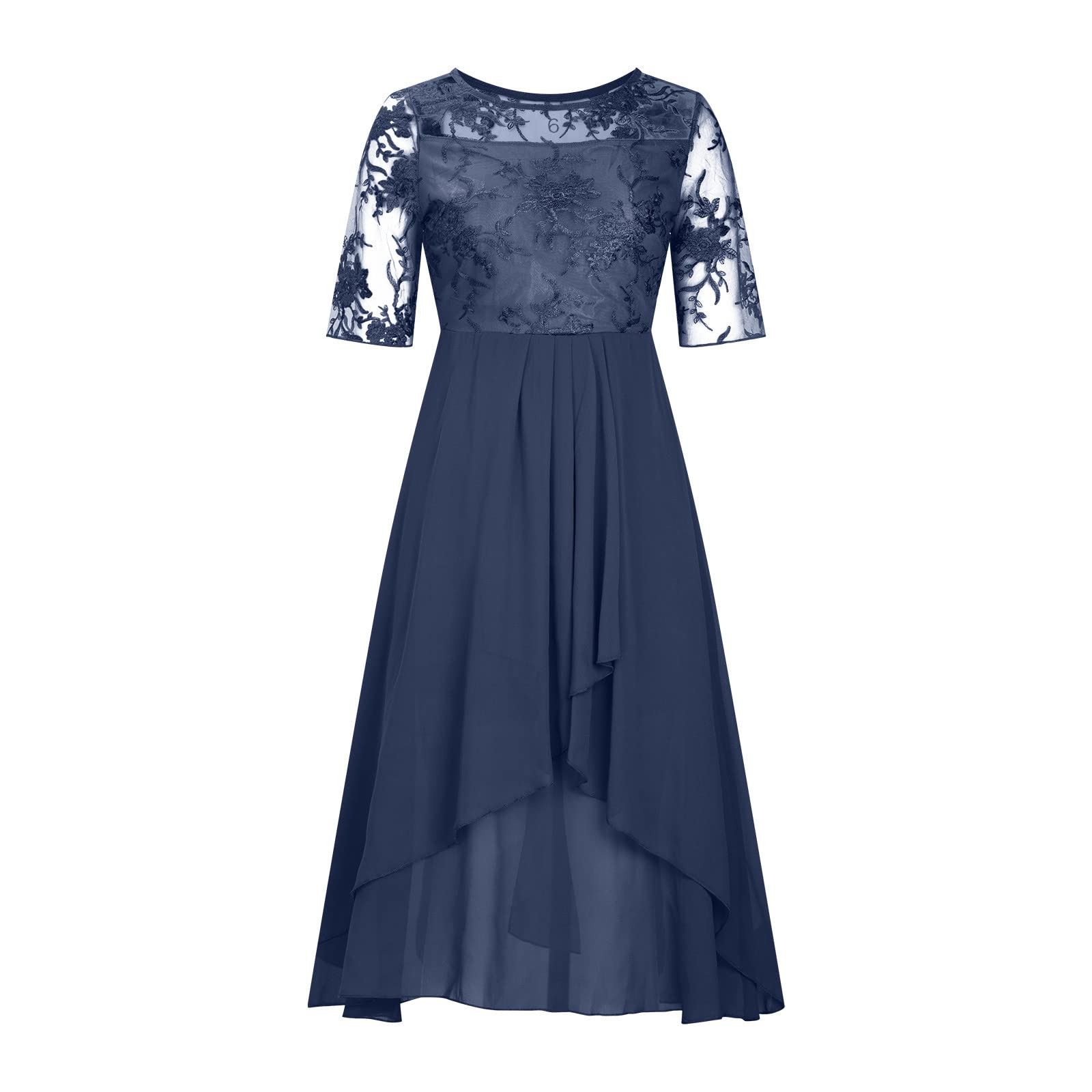 vokkrv Abito Lungo Cerimonia Elegante da Donna in Chiffon Vestiti a Manica 3/4 Tinta Unita Pieghetta Ricama Trasparante Tulle Sera Patchwork Estivi Linea ad A Oversize S-3XL