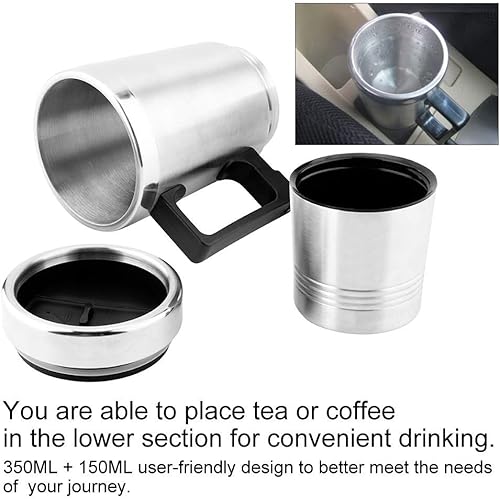 Miniatura 3 de Hervidor de agua caliente para automóvil, 11.8 fl oz + 5.1 fl oz, acero inoxidable, hervidor eléctrico para auto, taza de calefacción de café de 12 V