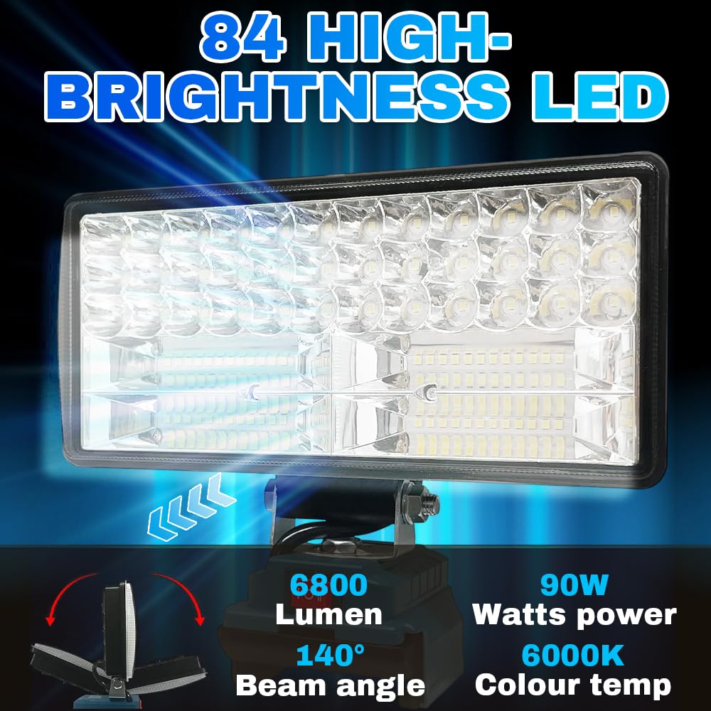 Lámpara LED Recargable para Batería Makita 21V, 80W 6000LM Foco LED Recargable, Luz de Trabajo Portátil Inalámbrica con 2 Puertos de Carga USB para Reparación de Coches, Camping, Obras