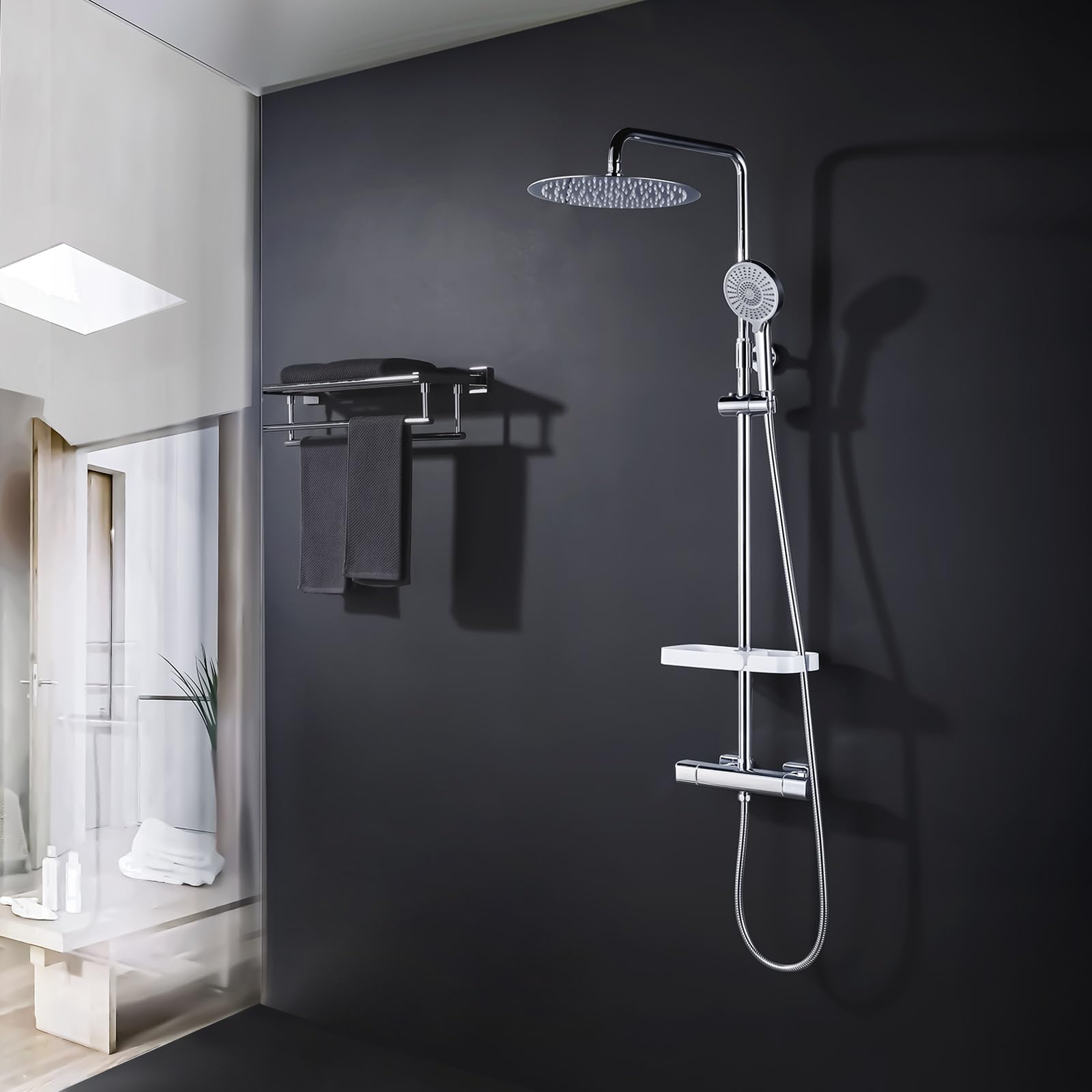 Columna Ducha Termostática, Duchas de Baño Conjunto 300mmx300mm con Rociador, Alcachofa Ducha Lluvia y 3 Tipos Duchas de Baño, Barra de Ducha Altura Adjustable,Cromado