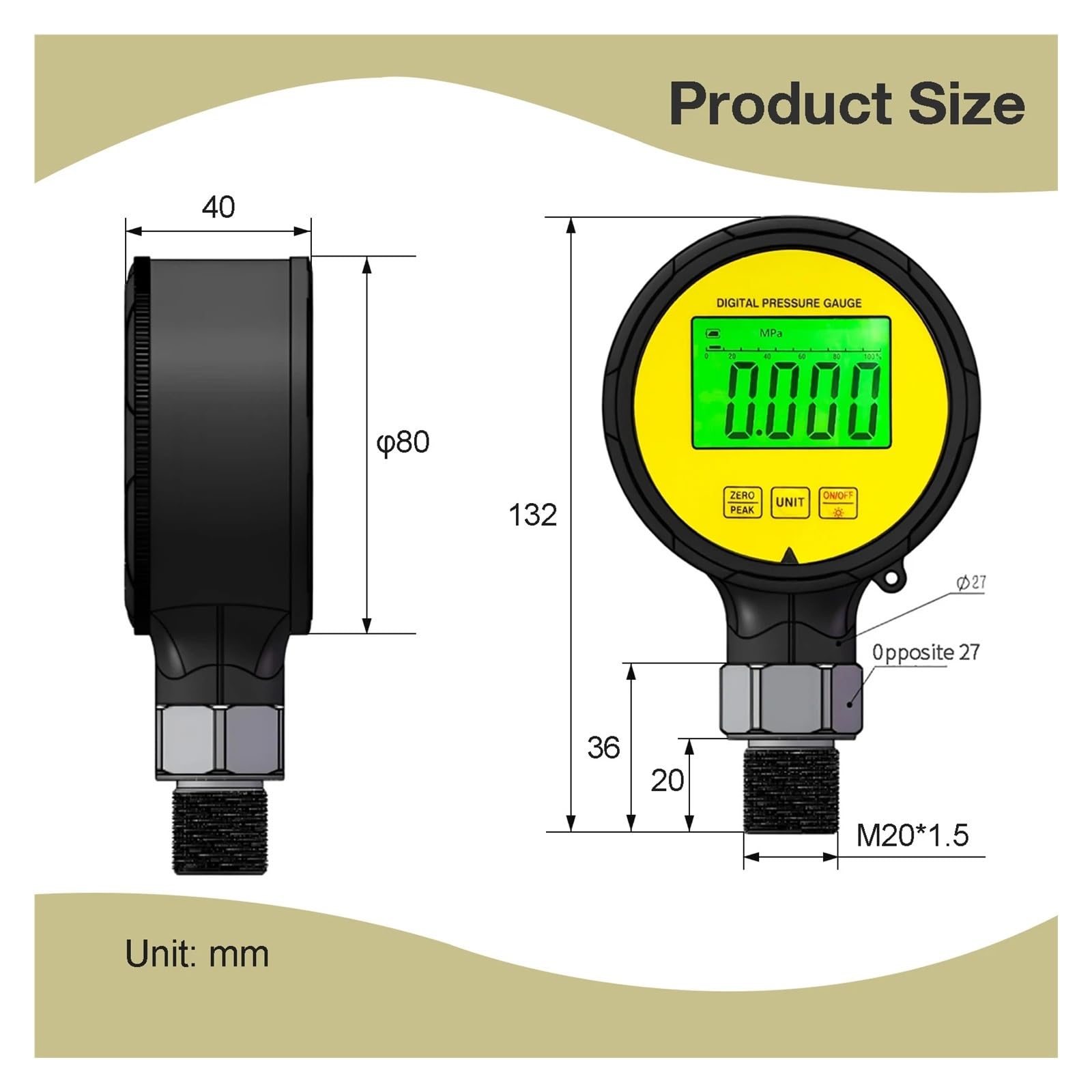 Manómetro, Protector de goma Digital, medidor vacío inoxidable resistente al agua, manómetro, calibrador presión(NPT1-2,0-100MPa)