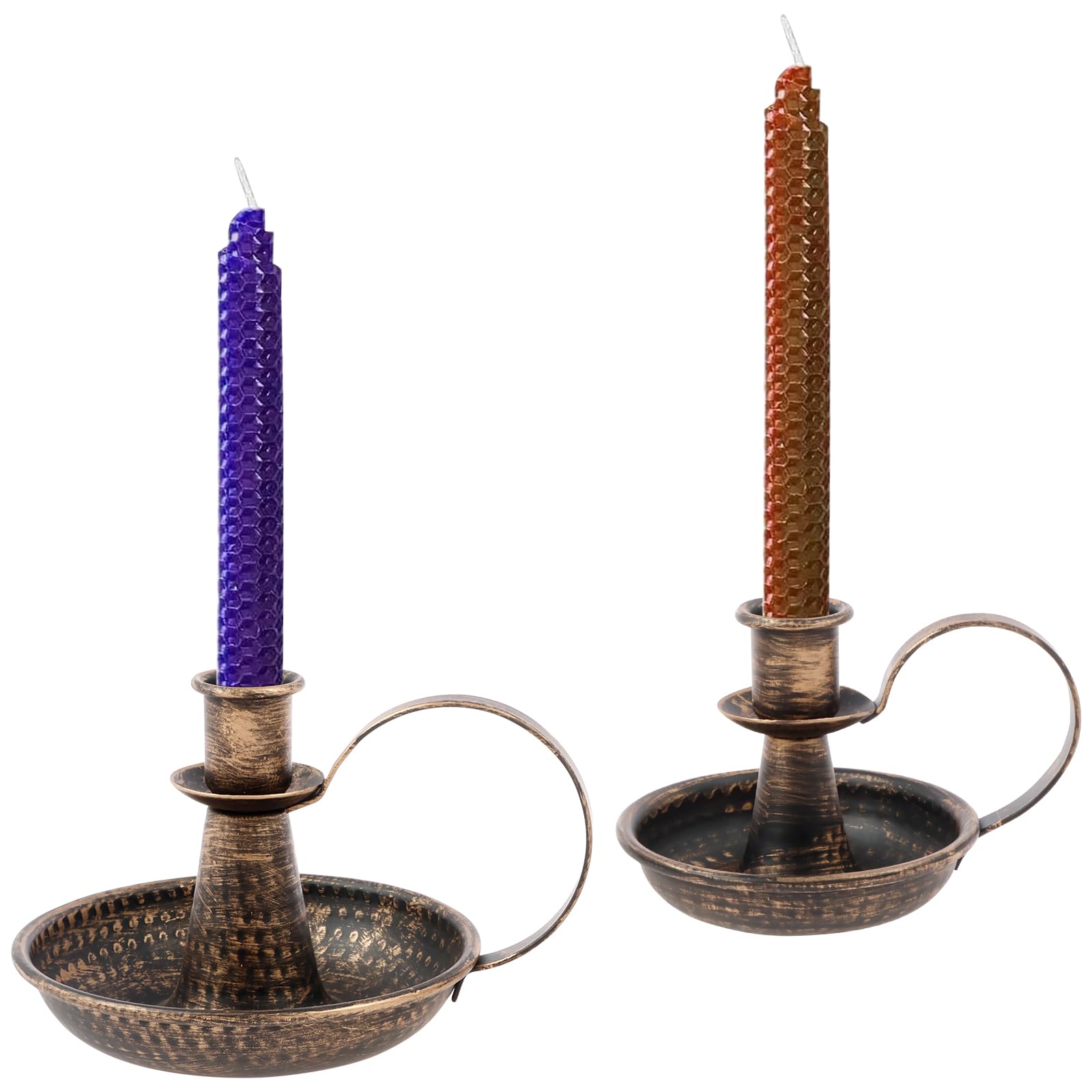 2 Pcs Iron Candle Holder Retro Candle Stand with Handle Rustproof Candles Sticks Holder Candlestick Holders for Taper Candles Candlelight Stand for Christmas Halloween Home Wedding Party(Bronze)