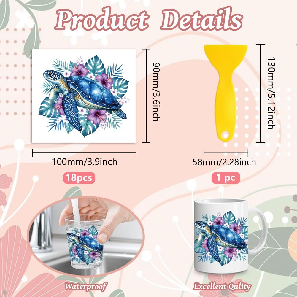 Peacoblue 18 Sheets Rub on Transfers for Crafts, Blue Sea Turtle with Coral Flowers 3.6"x3.9" UV DTF Cup Wraps Waterproof Cold Transfers Stickers for Glass Metal Cup Tumblers Mirrors Mugs Home Decor