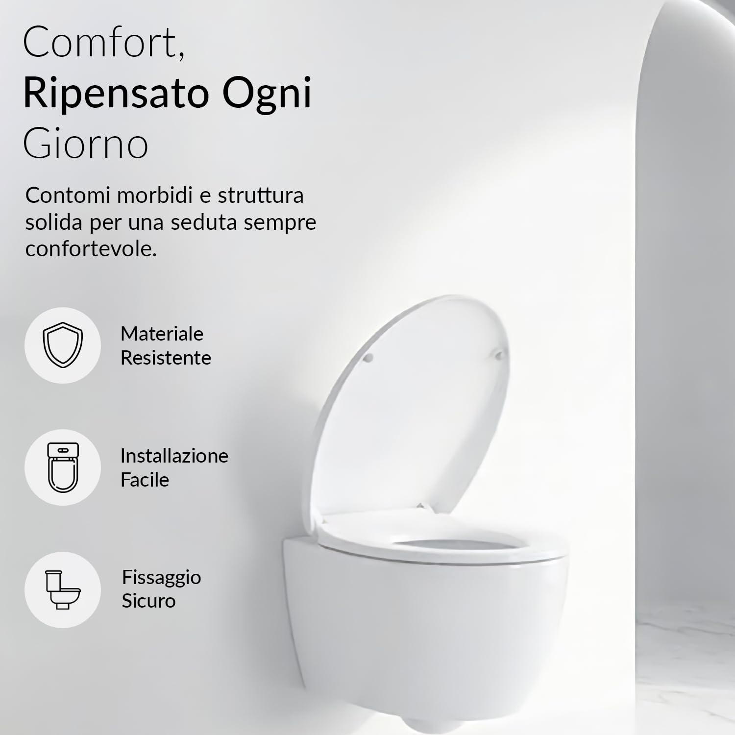 Tavoletta WC Forma Ovale Bianca a Chiusura Rallentata, Copriwater Universale per Sanitari Forma O, Sedile WC Bianco con Sgancio Rapido