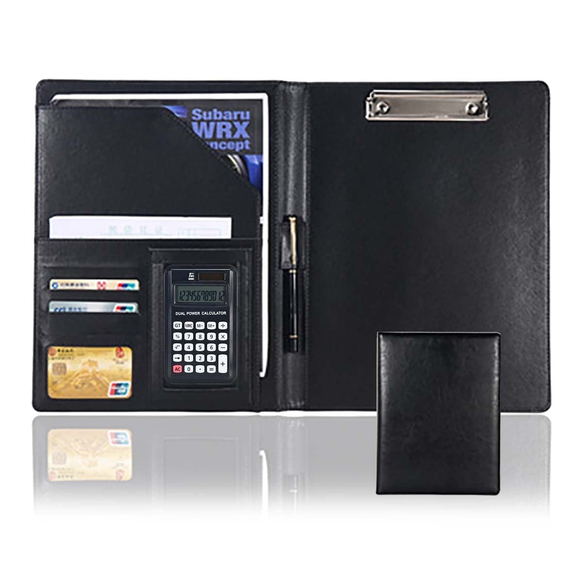 Raccoglitore formato A4, formato A4, in pelle PU, con blocco per scrivere e porta biglietti da visita, multicolore (calcolatrice nera a 12 cifre)