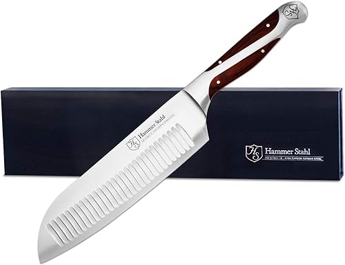 Miniatura 8 de Hammer Stahl Cuchillo Santoku de 55 pulgadas acero alemán de alto carbono borde profundo Granton cuchillo de cocina profesional para chefs