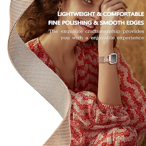 Magnetic Band Compatible with Apple Watch 38mm 40mm 41mm 42mm 44mm 45mm 46mm Stainless Steel Metal Strap with Bling Case and Built-in Screen Protector, Dressy Milanese Loop iWatch Bands for Women