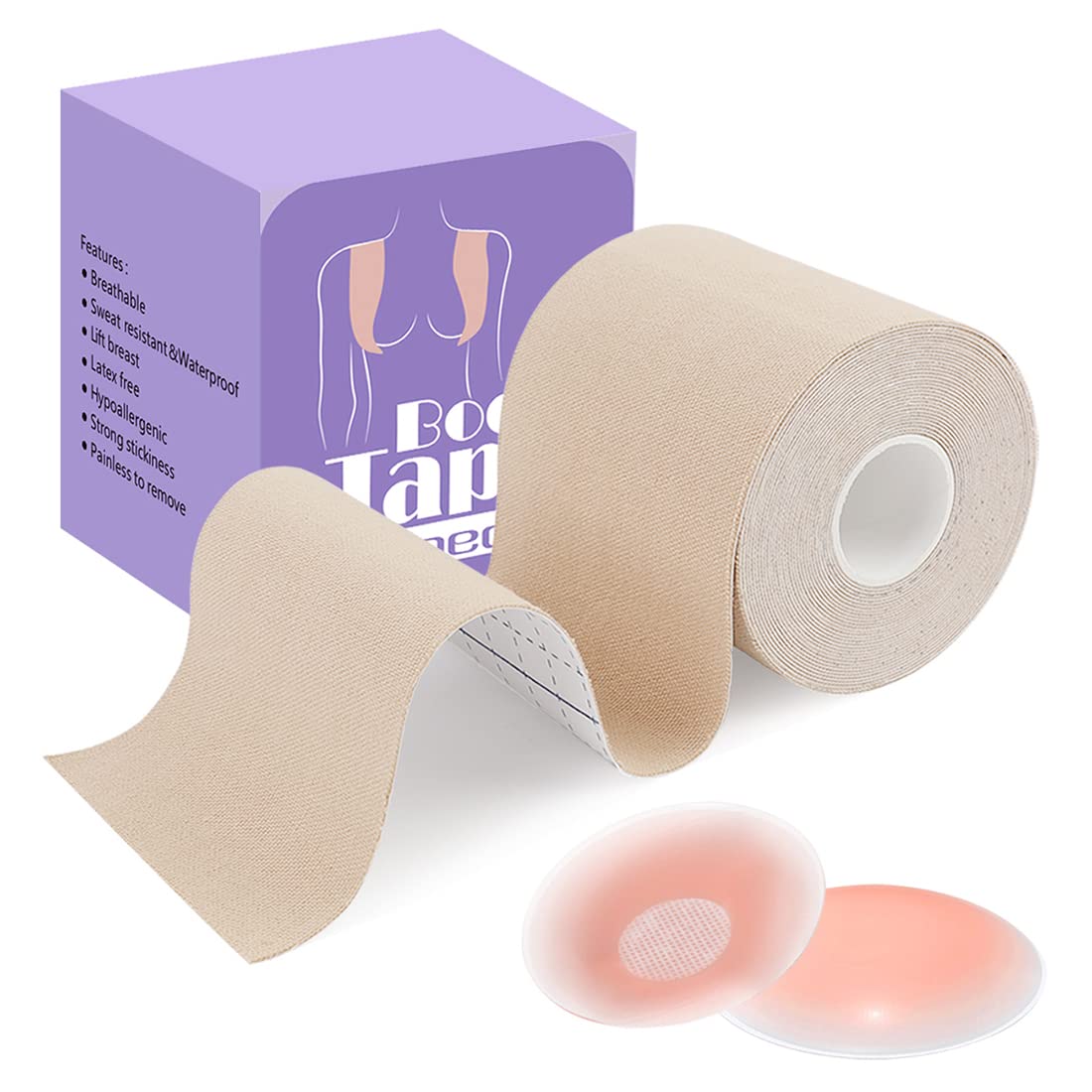 Laneco Breast Lift Tape for A-E Cup and Reusable Nipple Cover, Athletic Tape & Body Tape Suit for Sporting and Working (Light Beige, One size)