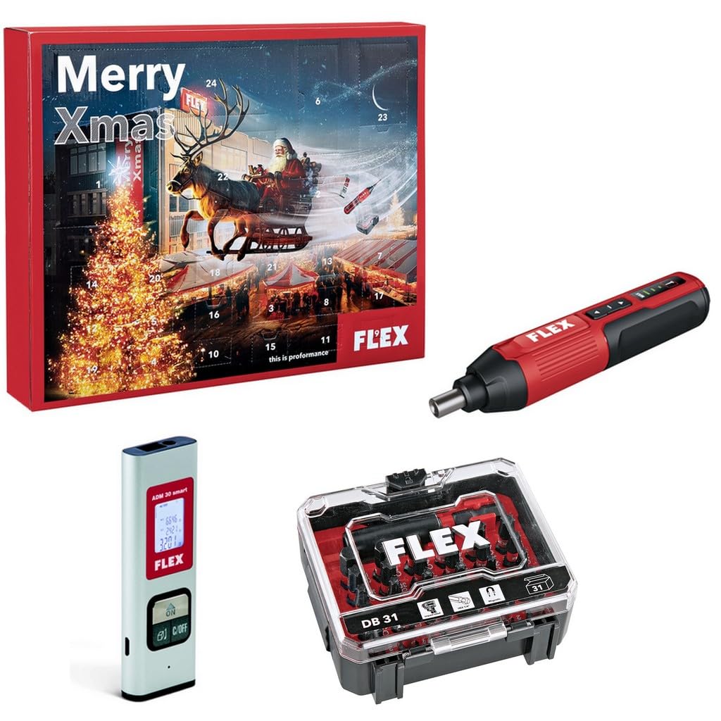 Flex Adventskalender 2024 inkl. 4V Stabschraubendreher, Laser-Entfernungsmesser und 31-Bit-Box - Weihnachtskalender, Werkzeugset, Werkzeugkalender 533102