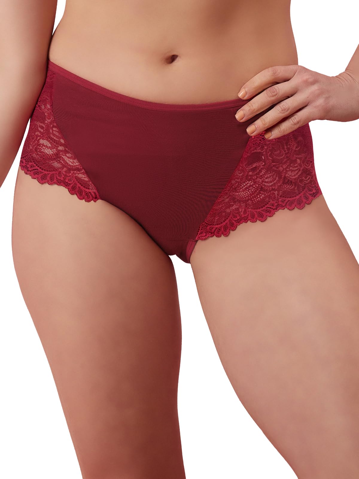 clovia Women's Cotton Mid Waist Hipster Panty with Lace Panels in Maroon-picture-32