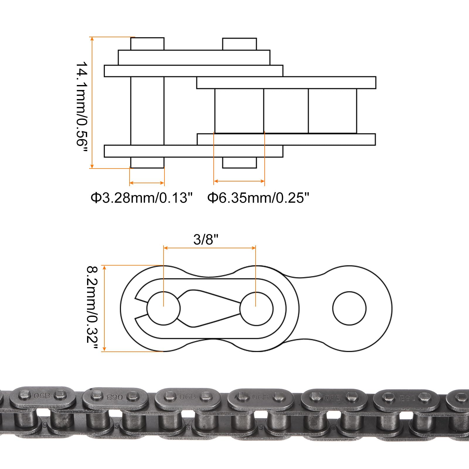 sourcing map 06B Metrisch Standard Rollenkette 10 Füße Karbonstahl Ketten 3/8" Industrial Rollenkette Antrieb Kette für Motorrad Fahrrad Industrielle Maschinen -320 Verbindungen
