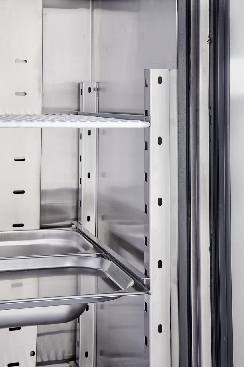 METRO Professional Frigorifero GRE2700, acciaio inox, 3 ripiani regolabili, sbrinamento automatico, refrigerazione ventilata, 455 l, 220 W, con serratura, argento