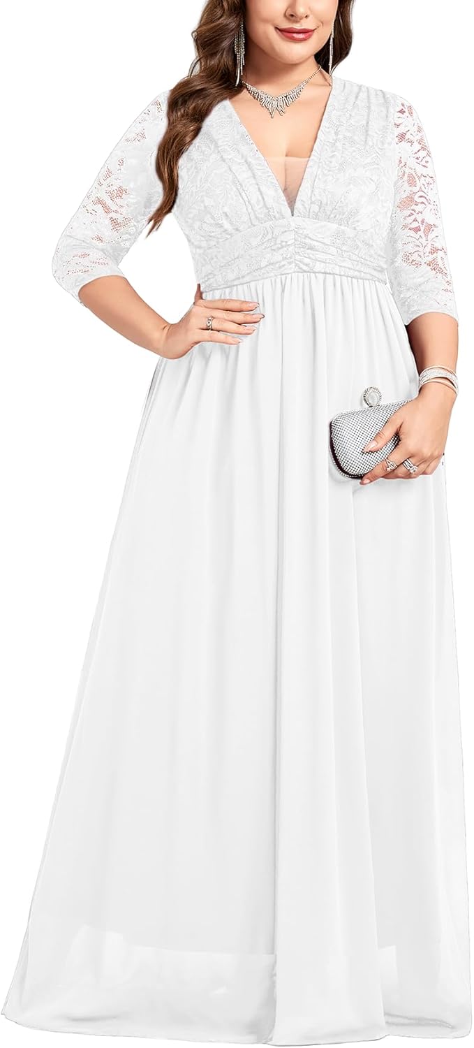 ZOMVA Plus Size Foraml Maxi Dress Deep V-Neck 3/4 Sleeve Lace Chiffon Wedding Dresses Cocktail Party Prom Evening Gown